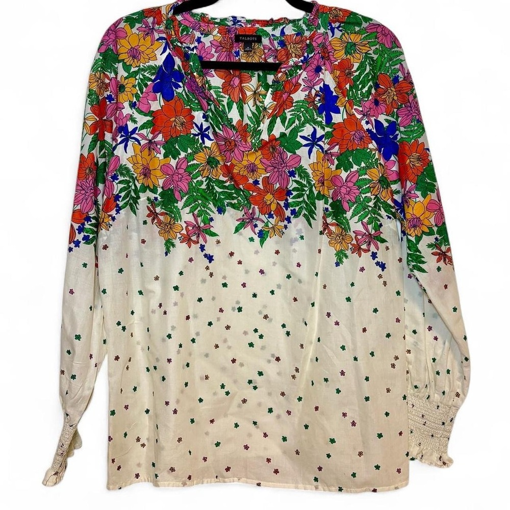 Talbots Women's Rainbow Floral Smocked Cotton Blouse